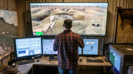 Farmer analyzing cattle movement patterns and health data collected by a drone on a large screen in the farm office