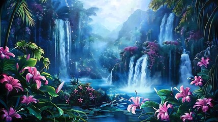 Fantasy landscape with waterfalls, tropical flowers on the foreground. Generative Ai