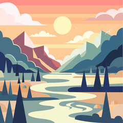 abstract illustration of a sunset in the mountains with river running through