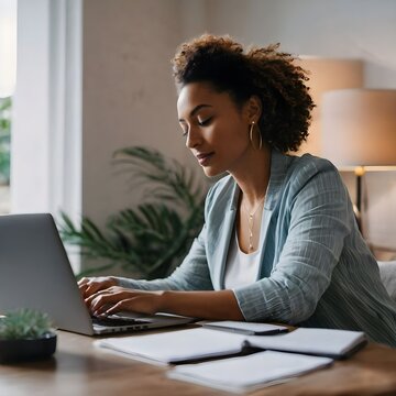 A woman working on laptop depicting working from home. A female freelancer working on her laptop.