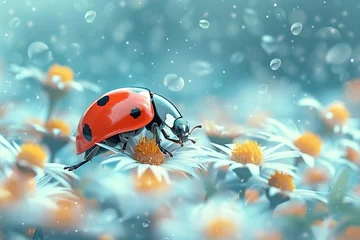 Foto op Canvas closeup ladybug sits on a daisy chamomile flower with blurred bokeh background © Маргарита Вайс