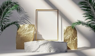 3d render, abstract background with tropical leaves shadows. Minimalist scene with cobblestone podium and golden square frame, showcase for product, Generative AI