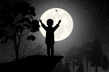 cute little boy and moon silhouette