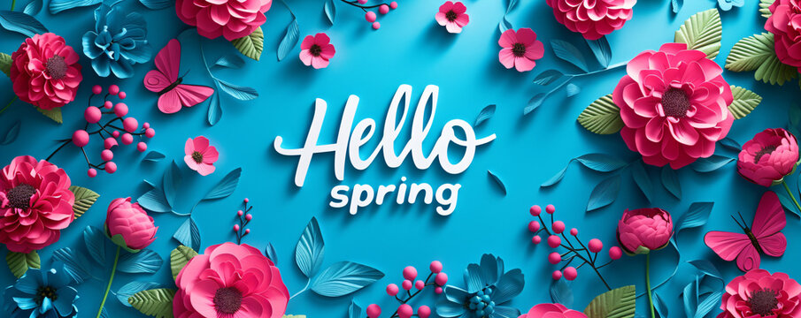 Lettering spring season with plants, leaves and colorful flowers. Hello spring, 1 march concept. Template for greeting card, invitation, banner, poster
