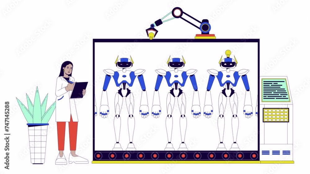 Poster ai customer service line 2d animation. female user talking to robot assistant 4k video motion graphi