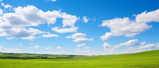 Fototapeta na wymiar Green grass field on small hills and blue sky with clouds