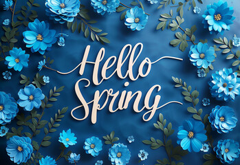 Lettering spring season with plants, leaves and colorful flowers. Hello spring, 1 march concept. Template for greeting card, invitation, banner, poster