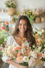 Obraz na płótnie Canvas vertical image of smiling young woman florist with a delicate bouquet in a light interior of flower shop