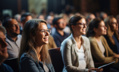 Smiling student young woman in glasses in a group of diverse people sitting in a lecture hall - obrazy, fototapety, plakaty