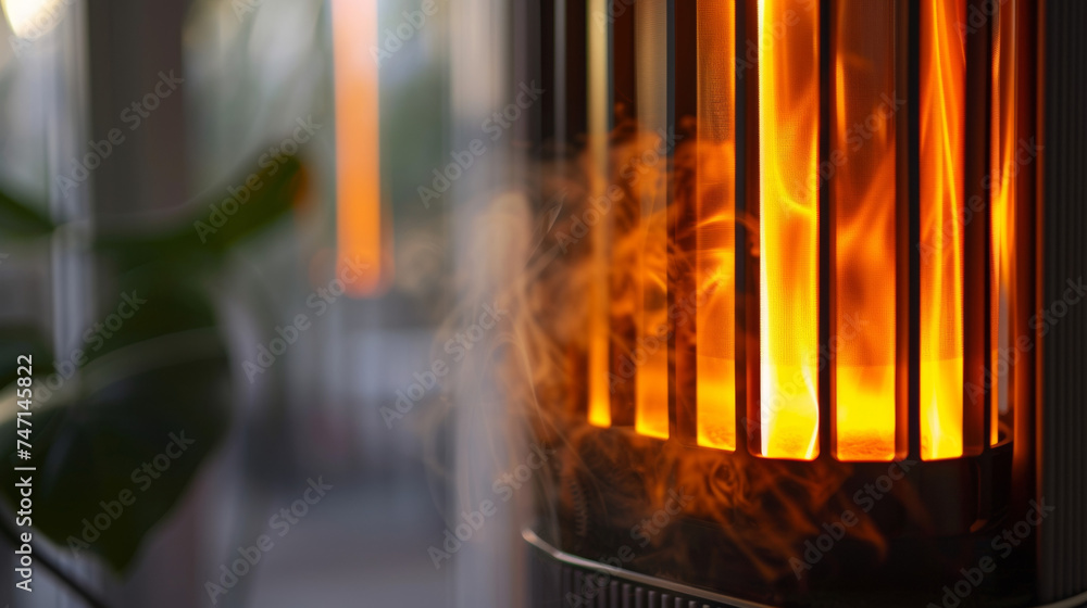 Poster the oil heater in action with wisps of heat rising from the top and visible flickers of light from t