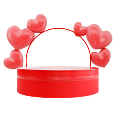 Cylindrical podium for product display with arc and hearts isolated on transparent background