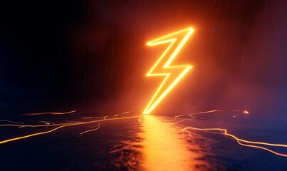 3d rendering, abstract minimalist background. Bright warm orange light. Lightning symbol, thunder sign. Simple geometric power shape glowing in the, Generative AI