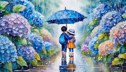 梅雨,雨季,雨の紫陽花の道を傘をさす子供達のイラスト,rainy season,Generative AI AI画像 - obrazy, fototapety, plakaty