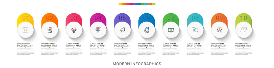 Vector timeline infographics template with ten circles and options. Blank space for web, infographic, diagram, business, digital network, flowchart, presentations