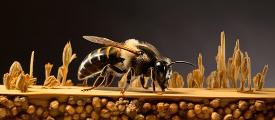 A close up of a male Osmia rapunculi bee perched on a piece of wood, showcasing its intricate body structure and unique characteristics.