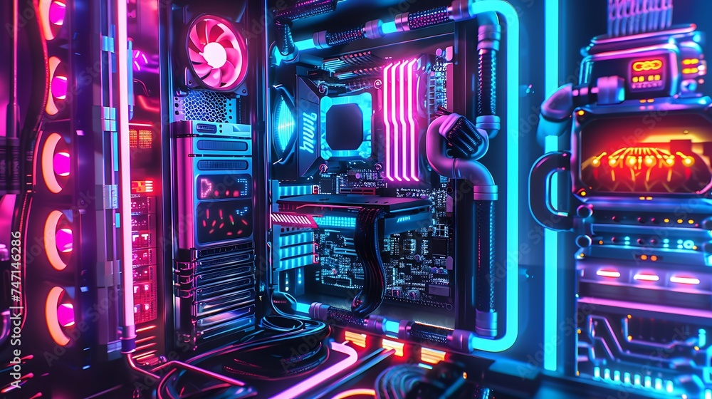 Poster fantasy neon computer system unit. generative ai