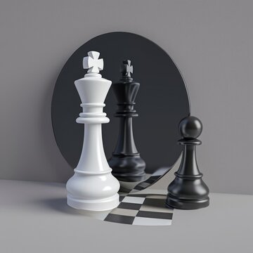 3d render, chess game king piece stands in front of the round mirror with pawn reflection. Contradiction metaphor. Perceptual distortion concept. Mental disorder condition. Minimalist, Generative AI