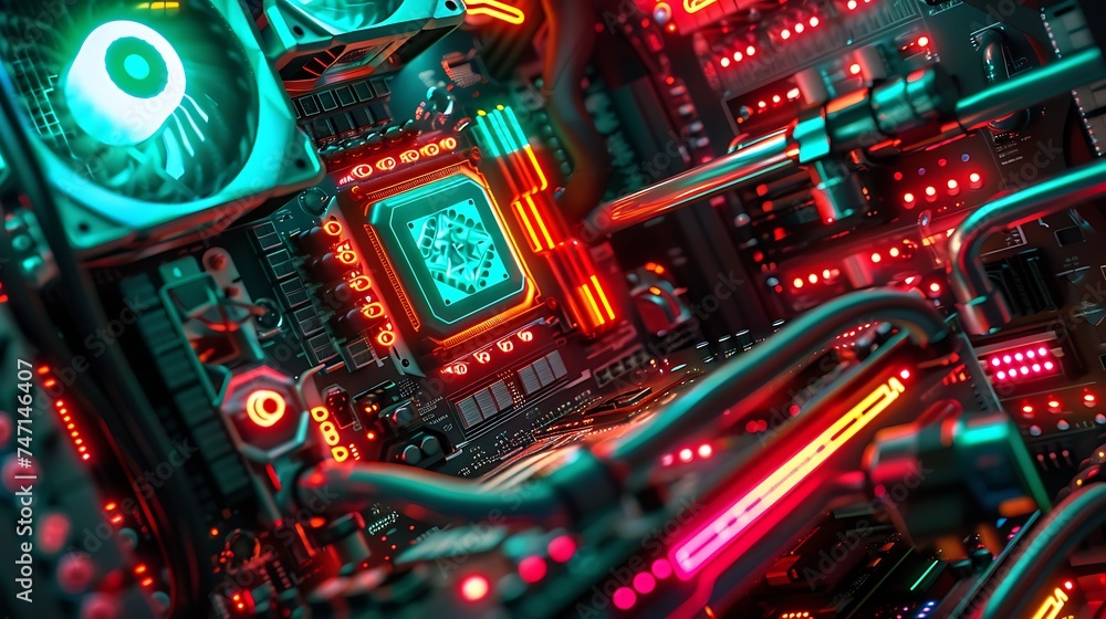 Poster fantasy neon computer system unit. generative ai