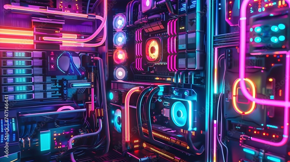 Poster fantasy neon computer system unit. generative ai