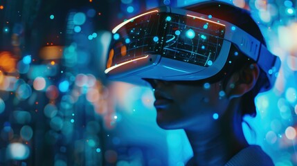 Woman Exploring Cyberworld Through VR Headset. A woman enters a virtual dimension, wearing a VR headset surrounded by mesmerizing bokeh lights, symbolizing the blend of reality and virtual experiences