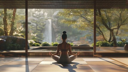 Healthy young woman practicing relaxing yoga at home, sitting in lotus position in living room with beautiful nature view, rear view - Powered by Adobe