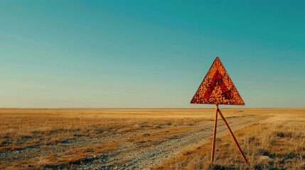 Rusty Triangular Warning Sign on Rural Road. A weathered triangular warning sign, rusted over time, stands beside a rural gravel road, indicating caution in an area of natural beauty at dusk.