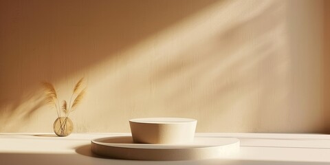 3d render, abstract beige background with empty podium. Modern minimal showcase scene with stage for product presentation, illuminated with daylight, Generative AI