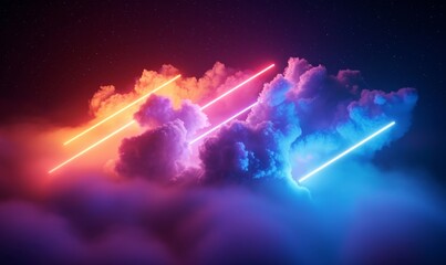 3d render, abstract geometric neon background. Glowing diagonal lines inside the colorful cloud, minimalist fantastic wallpaper, Generative AI - obrazy, fototapety, plakaty