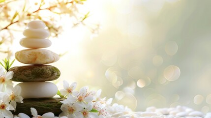 Zen Stones with Cherry Blossoms in Soft Light. A serene composition of balanced zen stones with delicate cherry blossoms, bathed in a soft, ethereal light, evoking a sense of peace and tranquility.