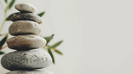 Fototapeta na wymiar Stacked Zen Pebbles on Neutral Background. Smooth grey pebbles stacked in perfect balance, conveying a message of tranquility and meditation against a clean, neutral backdrop.