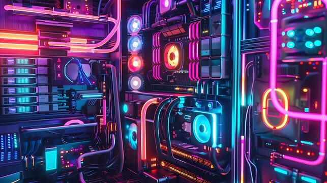 Fantasy neon computer system unit. Generative Ai
