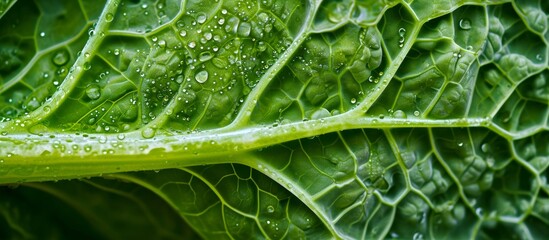 Close up of a leafy green cabbage with dew drops, showcasing the beauty of this leaf vegetable, a natural food that is part of the Brassica family.