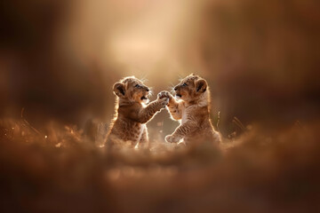 Two lion cubs playing in the savanna - obrazy, fototapety, plakaty