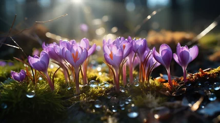Gordijnen Purple crocus flowers in spring © prystai
