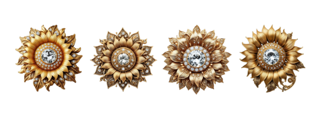 Sunflower brooch old fashion made of gold with intricate design set transparent background PNG