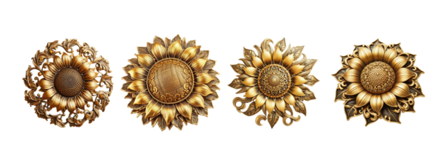 Sunflower brooch old fashion made of gold with intricate design set transparent background PNG