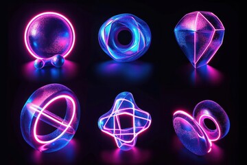 3d render, collection of simple geometric elements. Set of neon icons isolated on black background. Glowing abstract shapes clip art, Generative AI