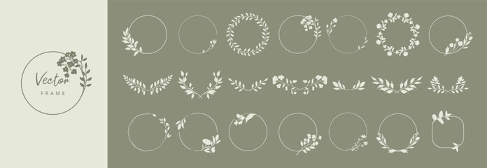 Floral round frame in minimalist style. Hand drawn elegant botanical borders and wreaths with silhouettes of branches, leaves and flowers. Vector isolated set for wedding invitation, card, logo design