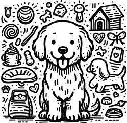 golden, labrador retriever dog in cute animal doodle cartoon, children mascot drawing, outline, 