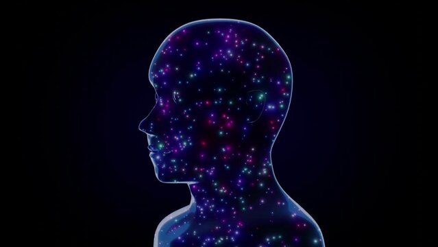 Rotating man face and many light particles - 3D 4k animation (3840 x 2160 px)