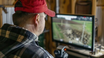 Farmer reviewing drone footage on a large monitor, assessing the ventilation efficiency in different sections of the farm