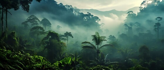 Rainforest morning fog - obrazy, fototapety, plakaty