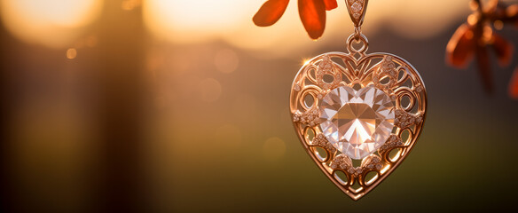 Golden heart pendant with intricate details against sunset