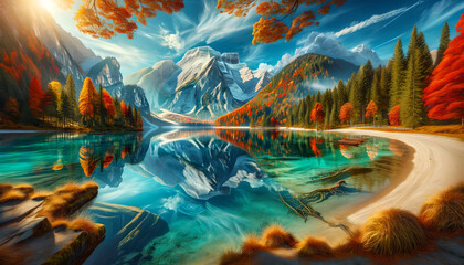 Serene landscape with crystal-clear lake reflecting autumn's vibrancy, Generative AI