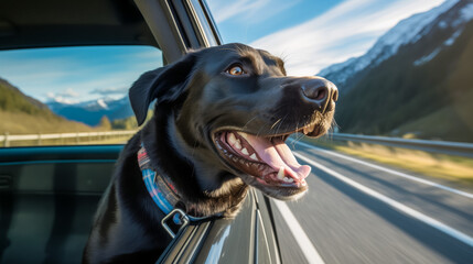 Happy black labrador enjoying a car ride through the mountains