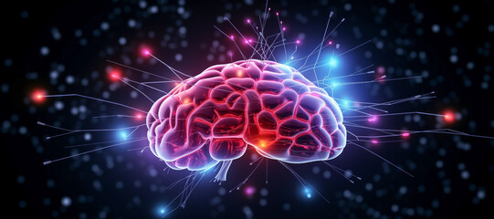 Illuminated neon brain with synaptic connections on dark background