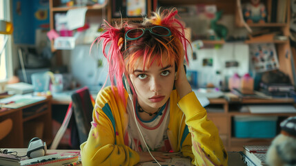 Obraz premium Close-Up Portrait of teenager girl With Pink Hair