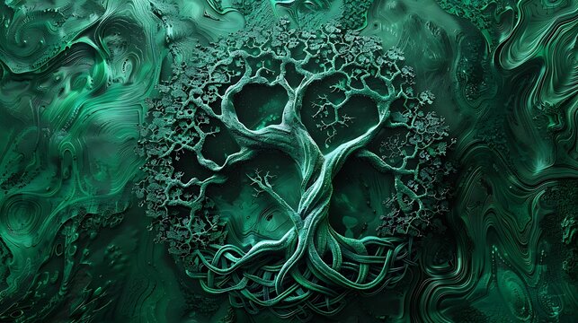 the Celtic symbol of the Tree of Life and Death, rendered in a bright emerald color. The intricate designs incorporate roots, branches, leaves, and knots, representing the interconnectedness