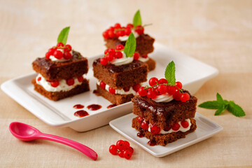 Chocolate sponge cake with red currants.
