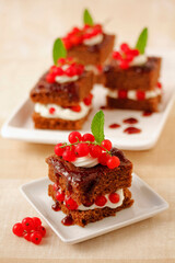 Chocolate sponge cake with red currants.